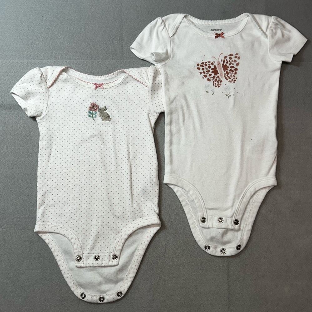 Two Carters baby girl onesies- 9m- White/pink designs- butterfly and bunny.